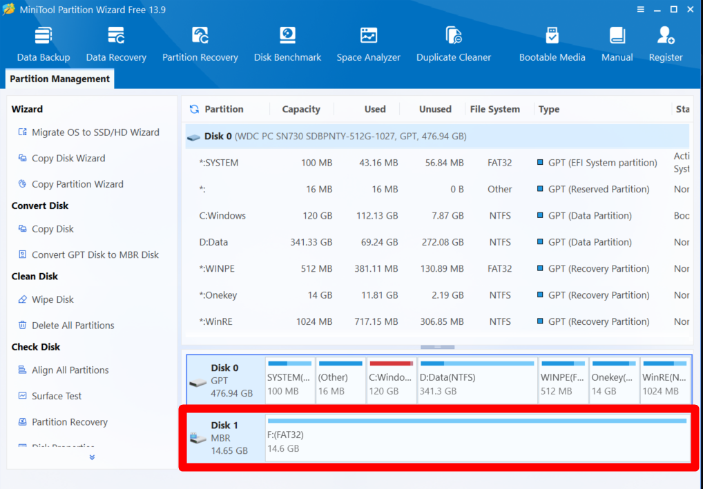 Запуск MiniTool Partition Wizard